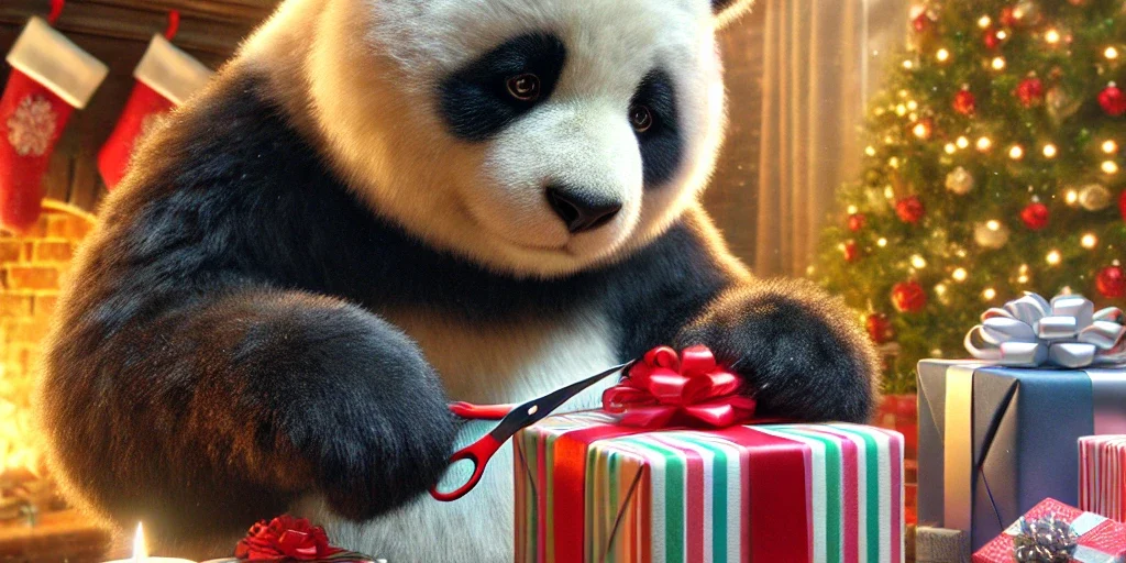 Chinese Panda wrapping Christmas presents in ther UK