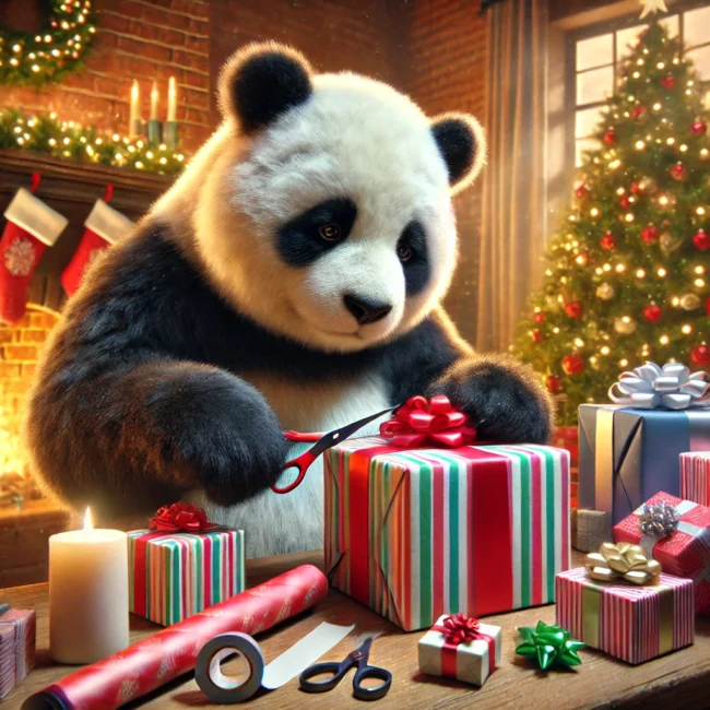 Chinese Panda wrapping Christmas presents in ther UK
